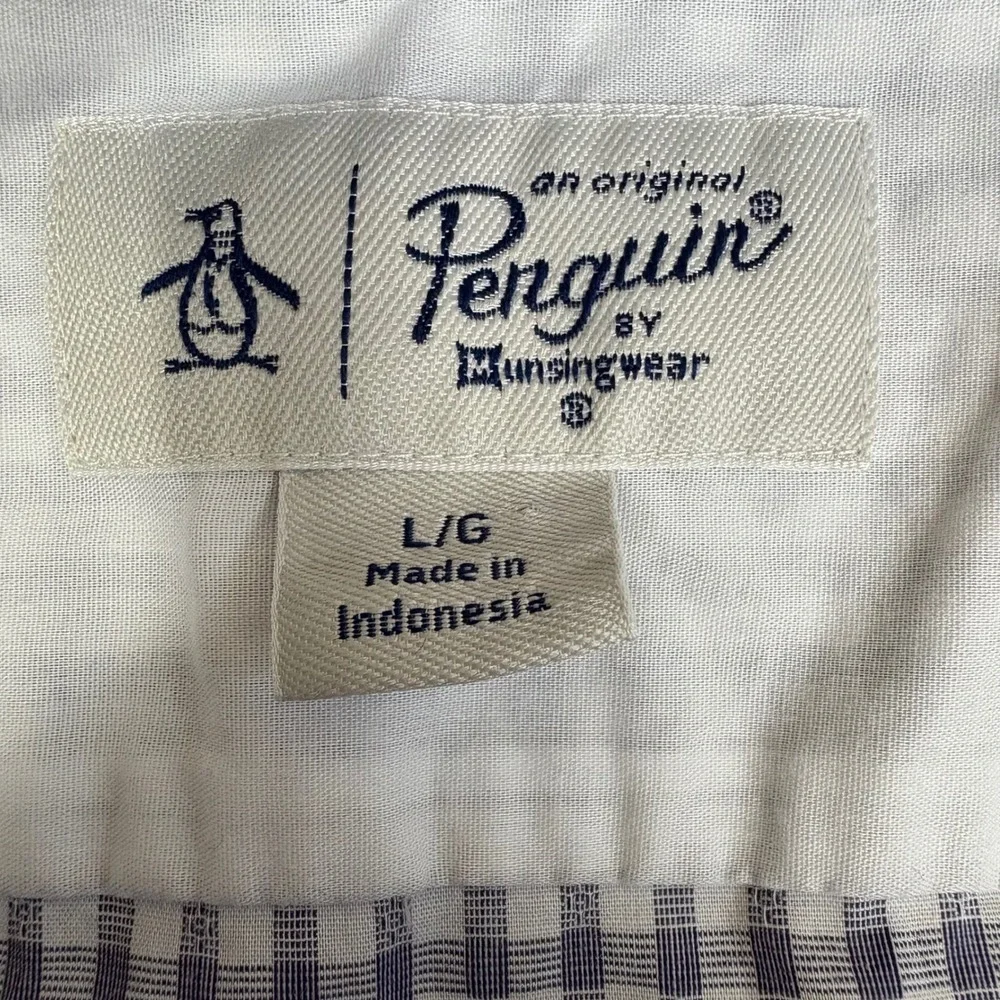 Orig Penguin Gingham Button Down Shirt Men's L/G Blue White Long‎ Sleeve Pocket